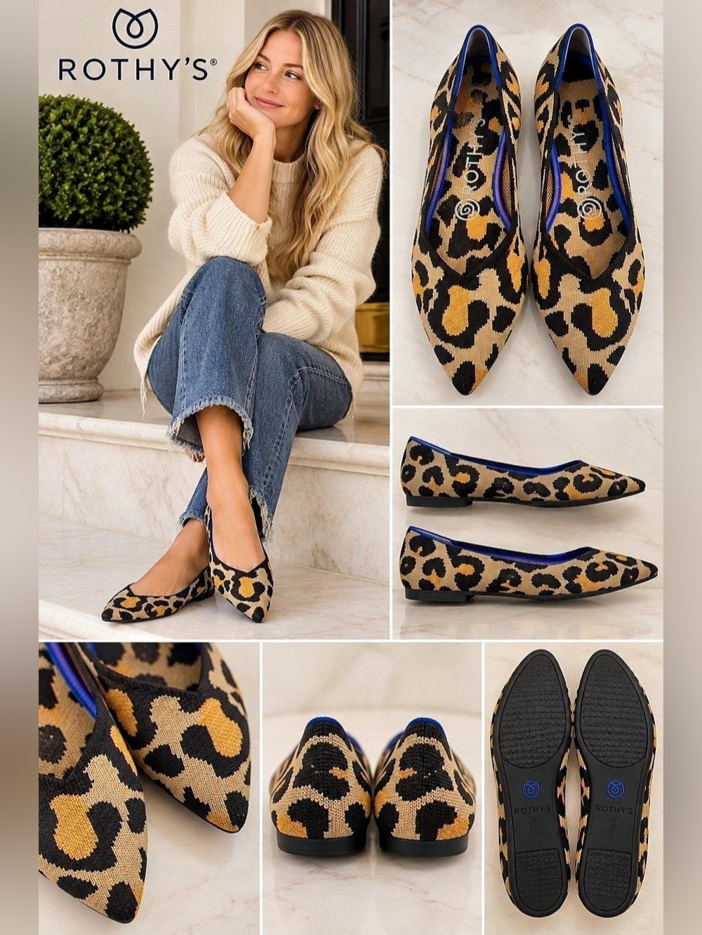 Rothy's The Point Leopard Pointed-Toe Flats Brown & Black US 7.5